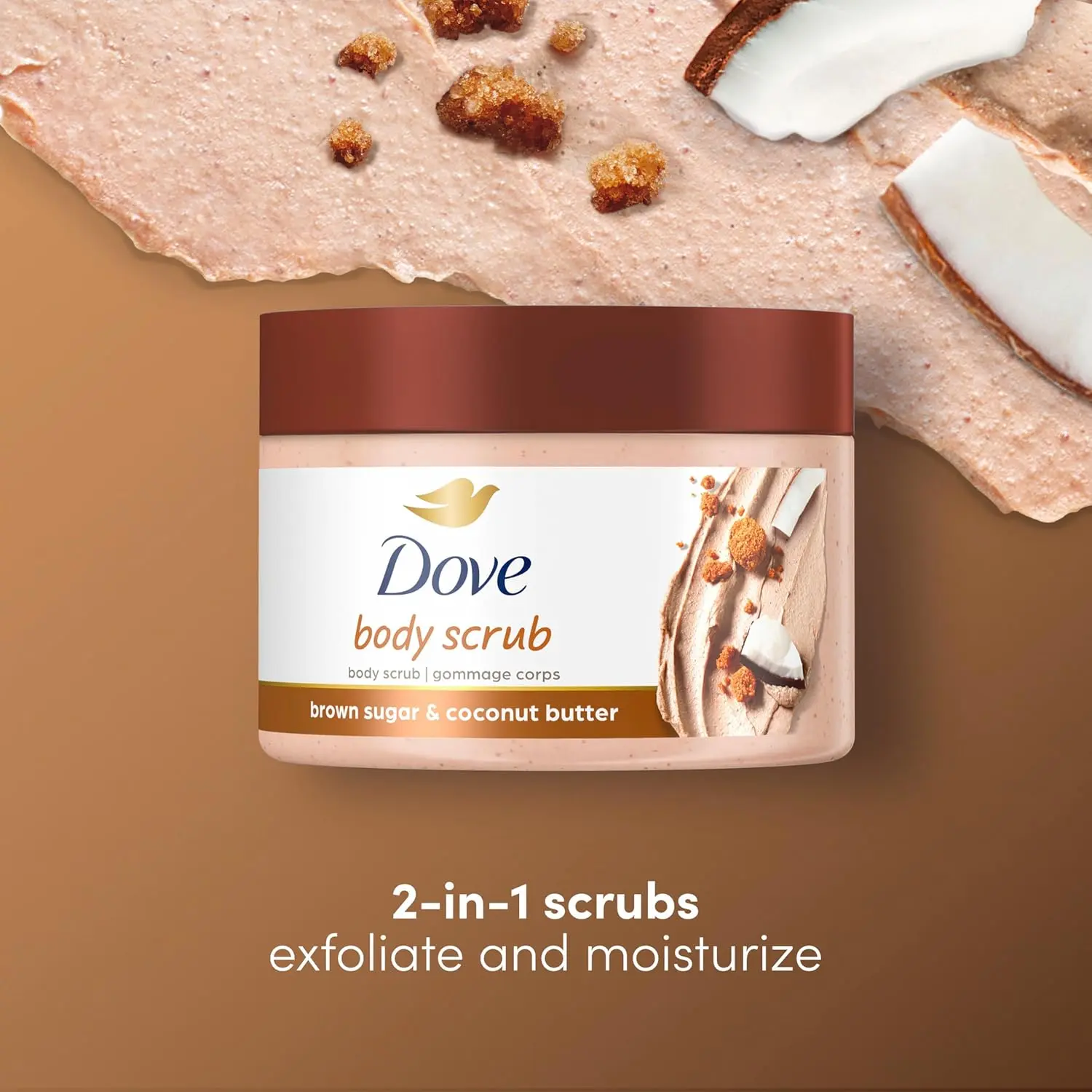 Dove Brown Sugar and Coconut Butter body scrub gently exfoliates to remove dry, dull skin, revealing radiant, silky-smooth skin.