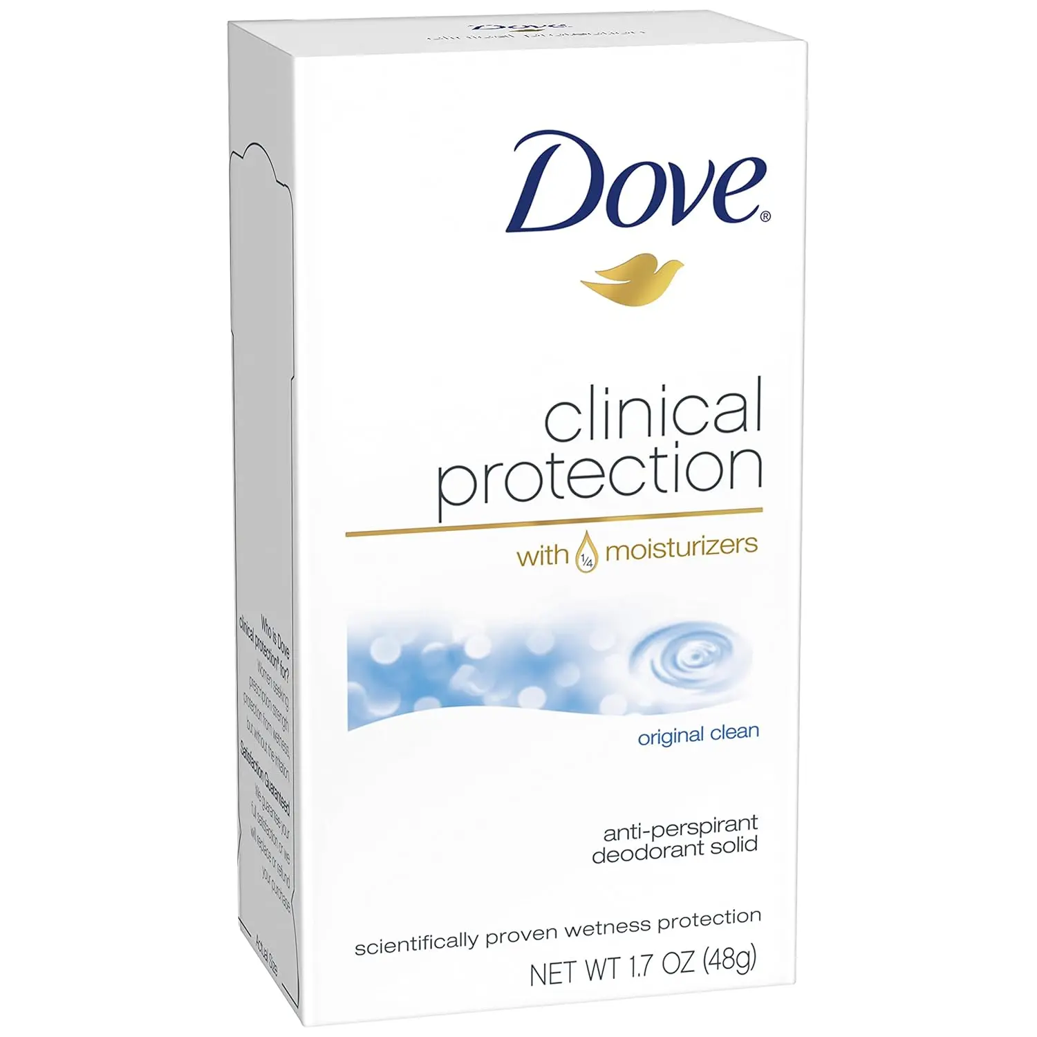 Dove Clinical Protection Original Clean antiperspirant deodorant providing up to 48 hours of clinical strength protection and containing 1/4 moisturizers for great underarm care.