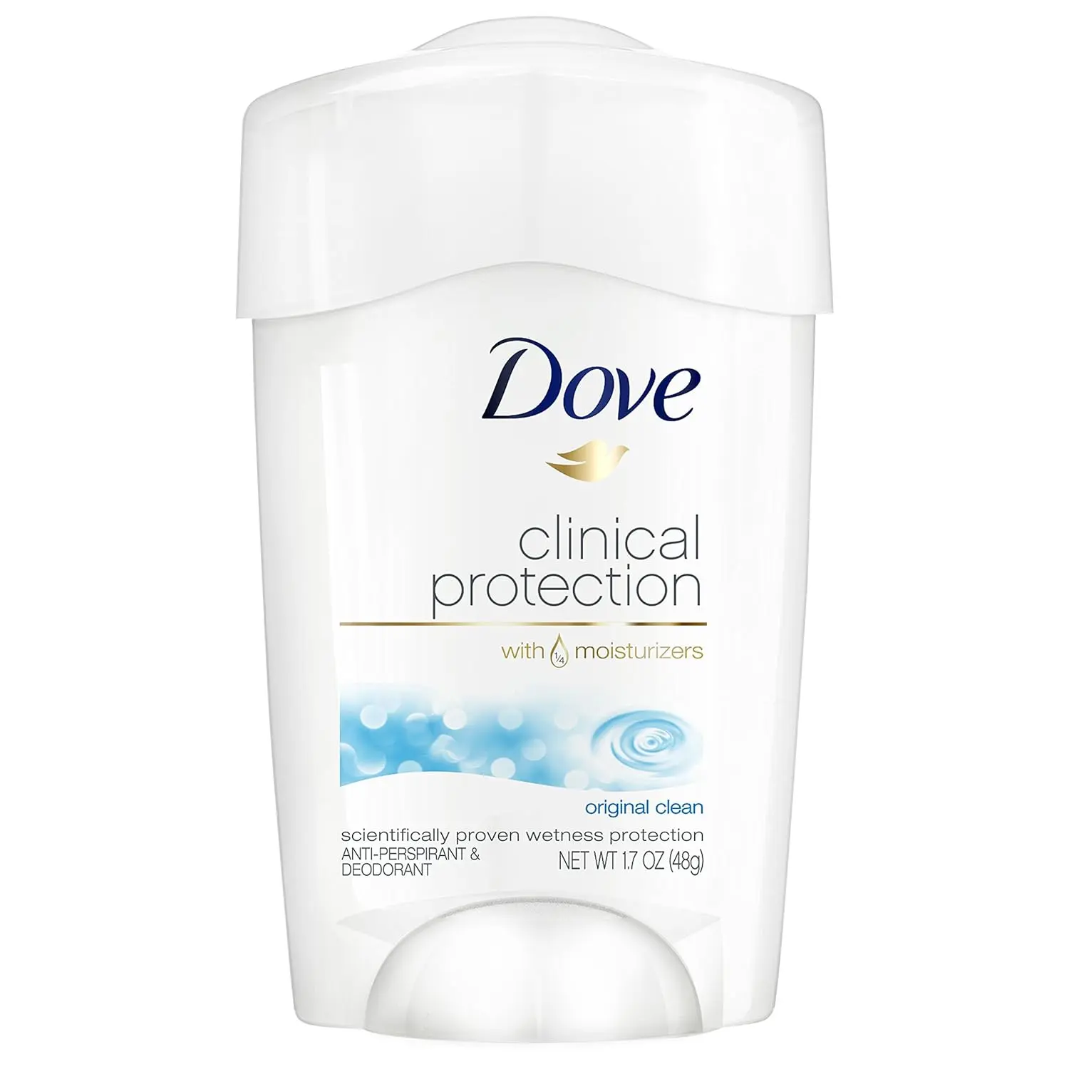 Dove Clinical Protection Original Clean antiperspirant deodorant providing up to 48 hours of clinical strength protection and containing 1/4 moisturizers for great underarm care.