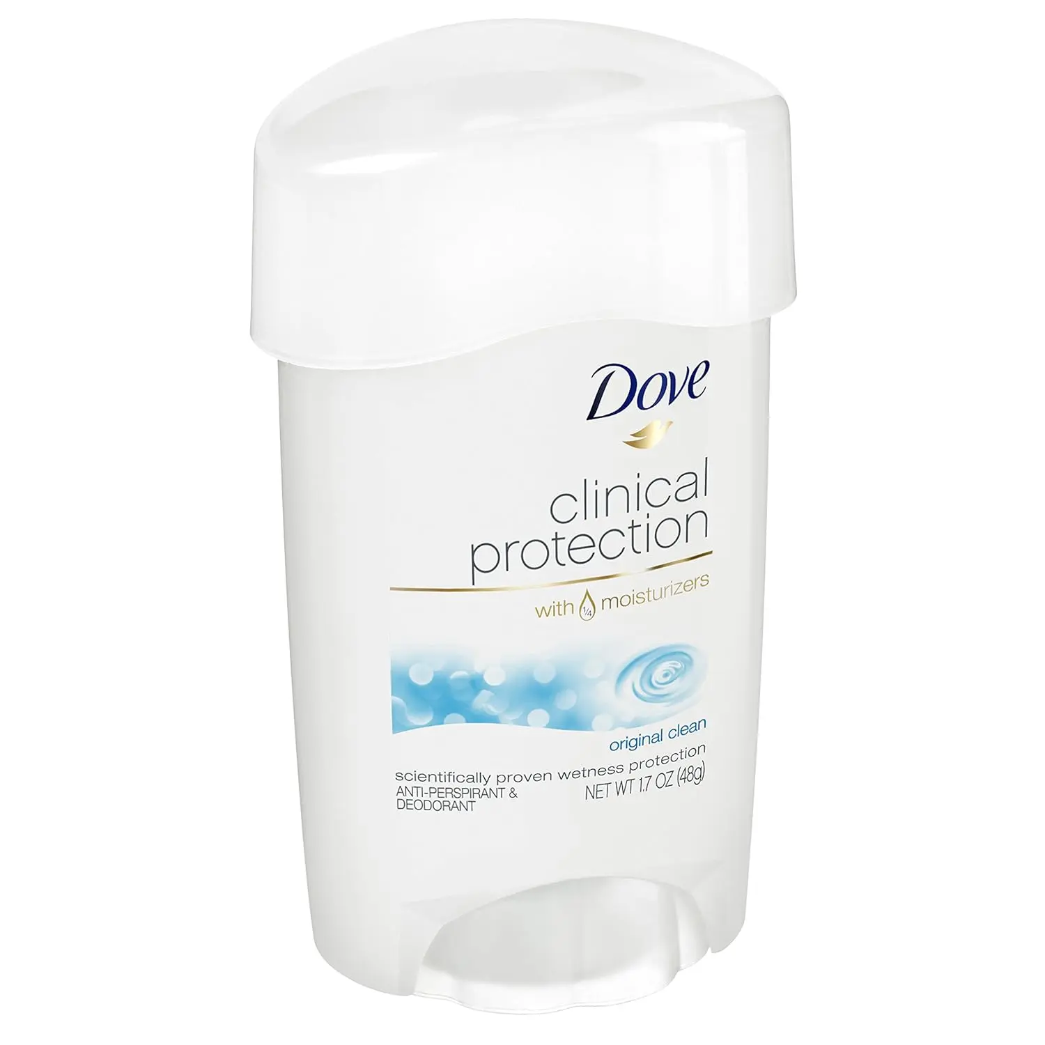 Dove Clinical Protection Original Clean antiperspirant deodorant providing up to 48 hours of clinical strength protection and containing 1/4 moisturizers for great underarm care.