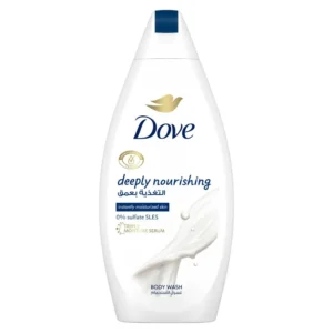 A bottle of Dove Deeply Nourishing Body Wash, a sulfate and paraben-free moisturizing shower gel, providing instant and lasting softness for dry skin.