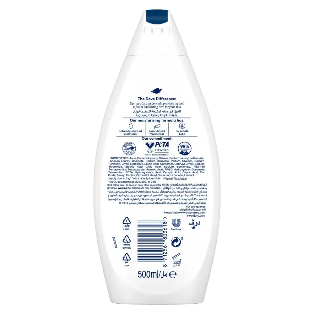A bottle of Dove Deeply Nourishing Body Wash, a sulfate and paraben-free moisturizing shower gel, providing instant and lasting softness for dry skin.