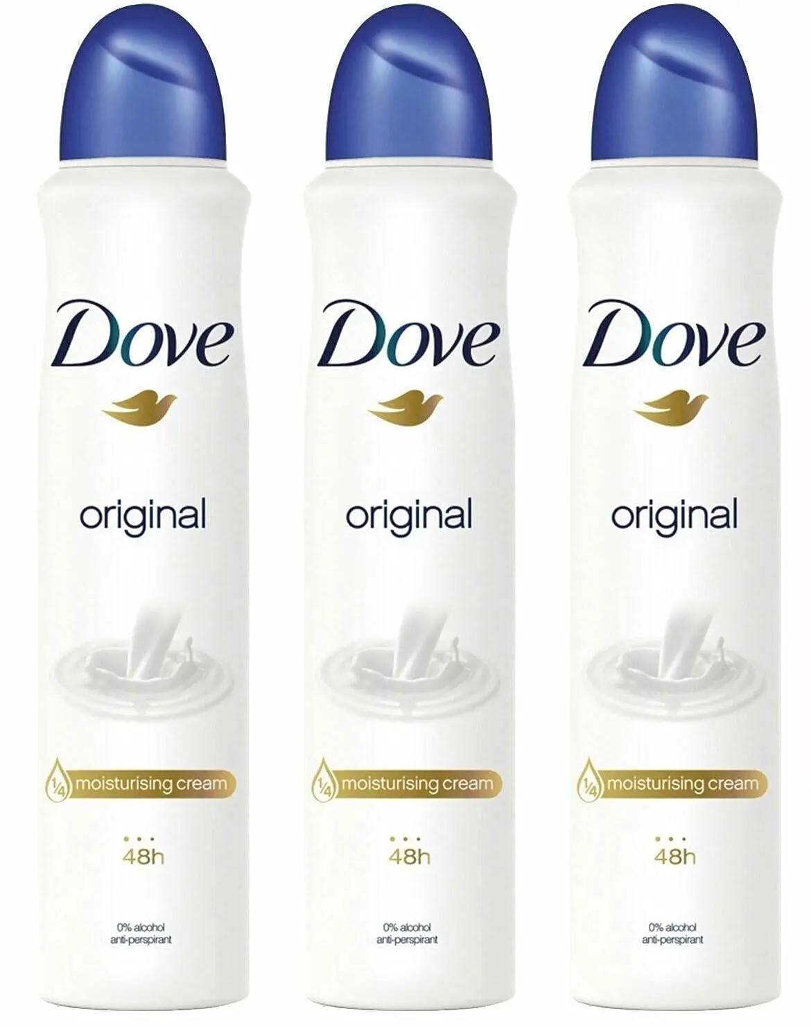 Image shows three cans of Dove Women Original Anti-Perspirant Deodorant Spray providing up to 48-hour protection.