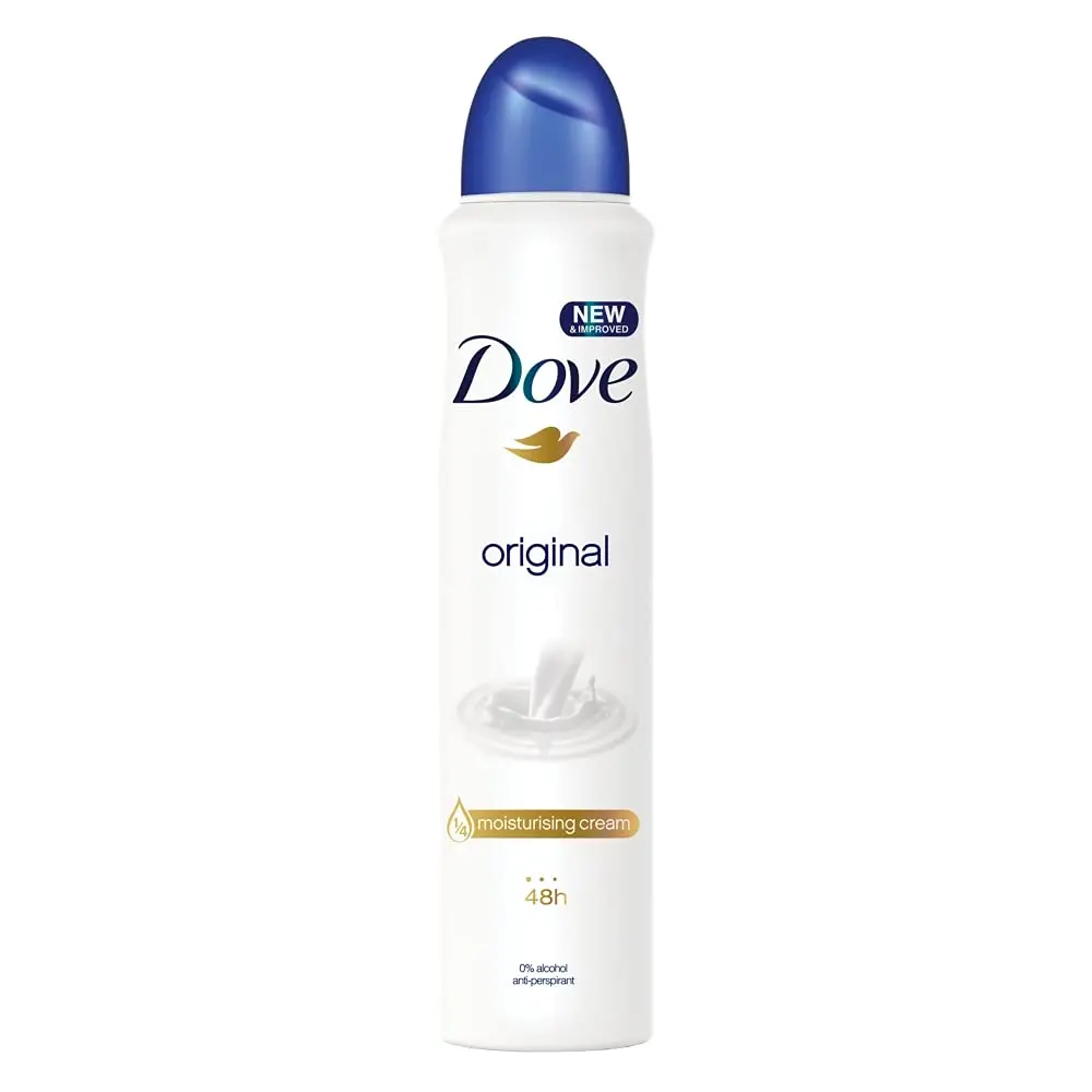 Image shows three cans of Dove Women Original Anti-Perspirant Deodorant Spray providing up to 48-hour protection.