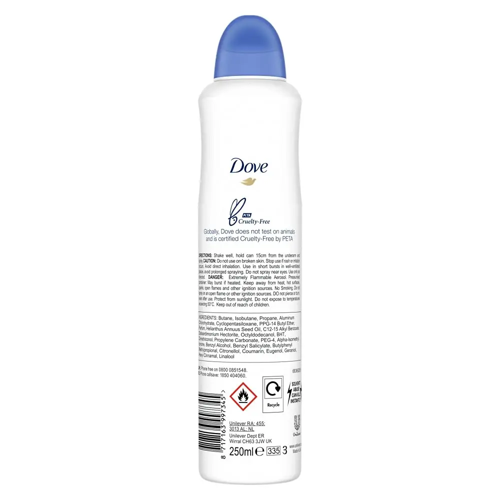 Image shows three cans of Dove Women Original Anti-Perspirant Deodorant Spray providing up to 48-hour protection.