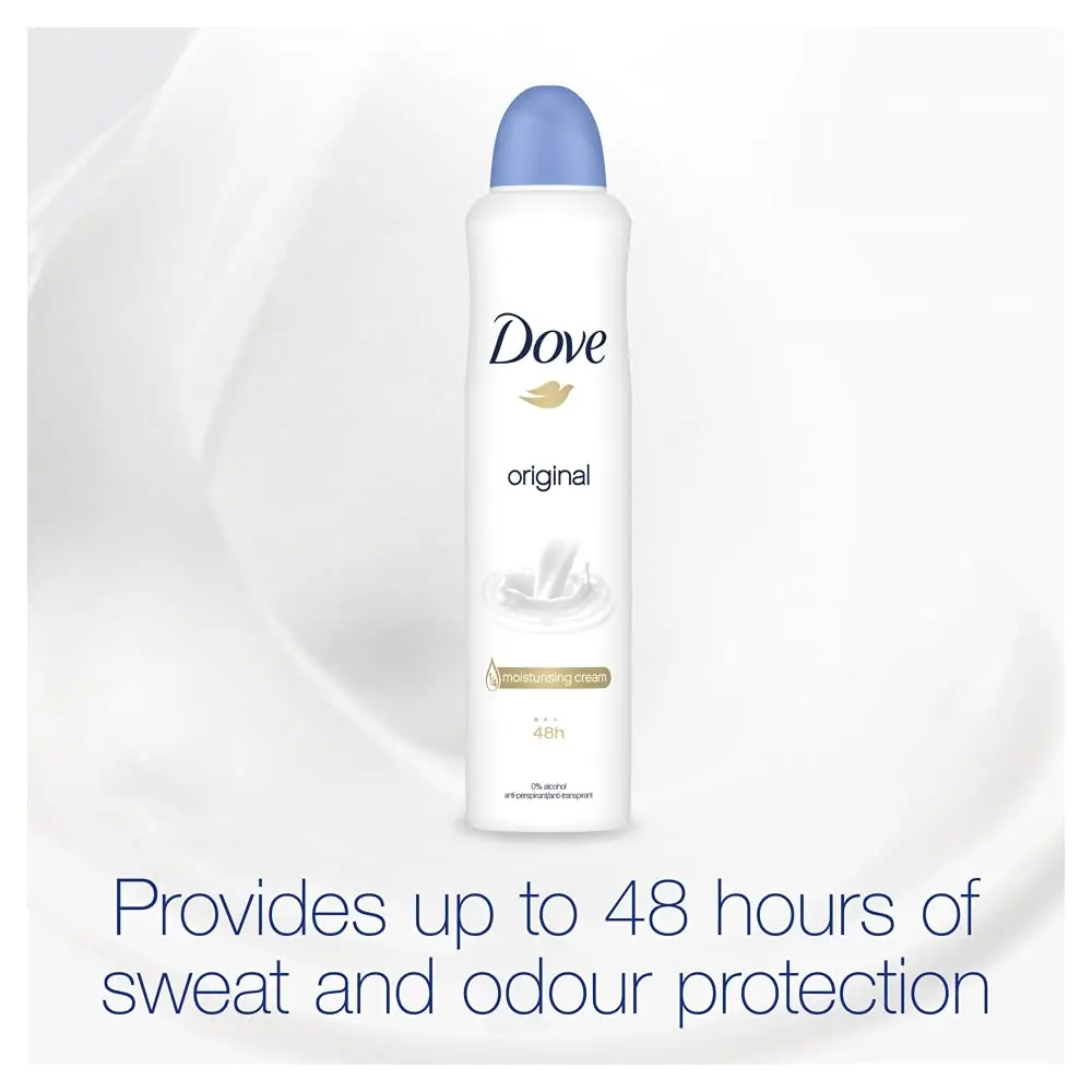 Image shows three cans of Dove Women Original Anti-Perspirant Deodorant Spray providing up to 48-hour protection.