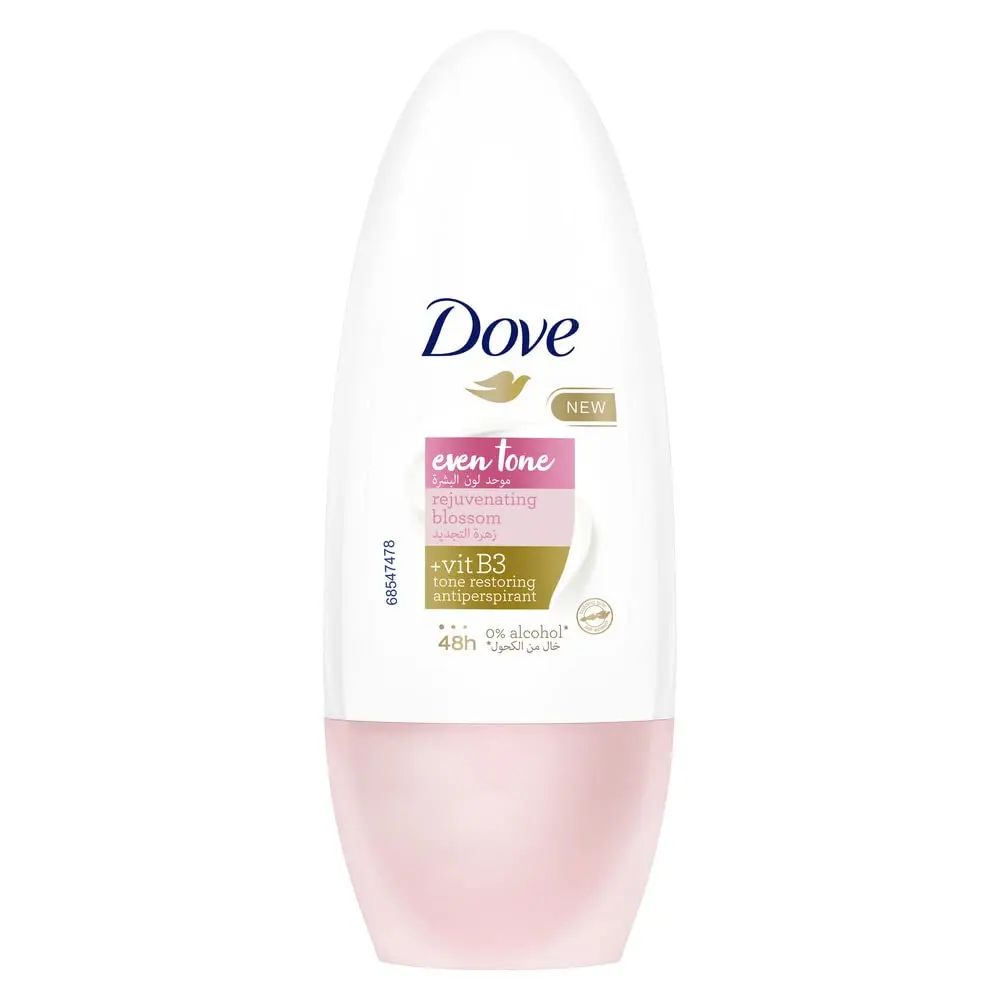 Dove Even Tone Rejuvenating Blossom antiperspirant deodorant roll-on helps restore natural underarm skin tone while providing 48-hour sweat and odor protection.