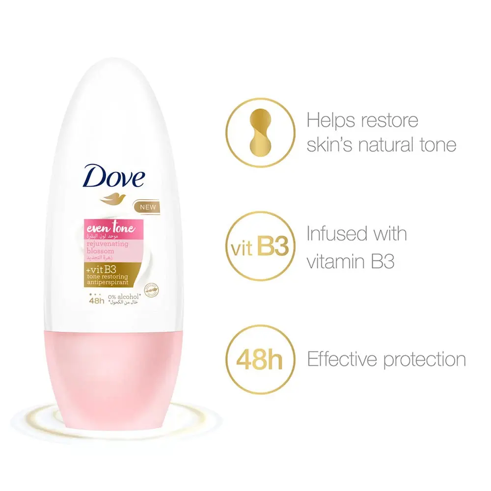 Dove Even Tone Rejuvenating Blossom antiperspirant deodorant roll-on helps restore natural underarm skin tone while providing 48-hour sweat and odor protection.