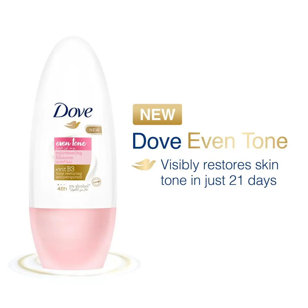 Dove Even Tone Rejuvenating Blossom antiperspirant deodorant roll-on helps restore natural underarm skin tone while providing 48-hour sweat and odor protection.