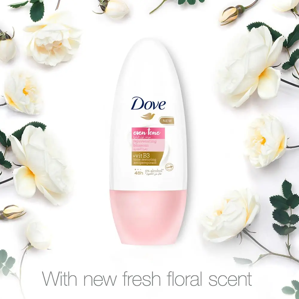 Dove Even Tone Rejuvenating Blossom antiperspirant deodorant roll-on helps restore natural underarm skin tone while providing 48-hour sweat and odor protection.