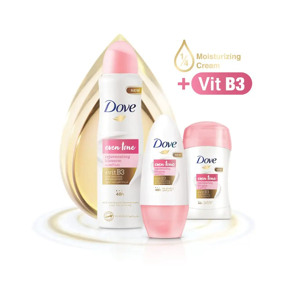 Dove Even Tone Rejuvenating Blossom antiperspirant deodorant roll-on helps restore natural underarm skin tone while providing 48-hour sweat and odor protection.