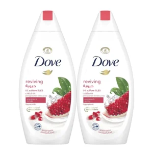 Two bottles of Dove Go Fresh Pomegranate and Hibiscus Tea body wash with moisturising cream, enriched with skin natural nutrients for deep nourishment and gentle cleansing.