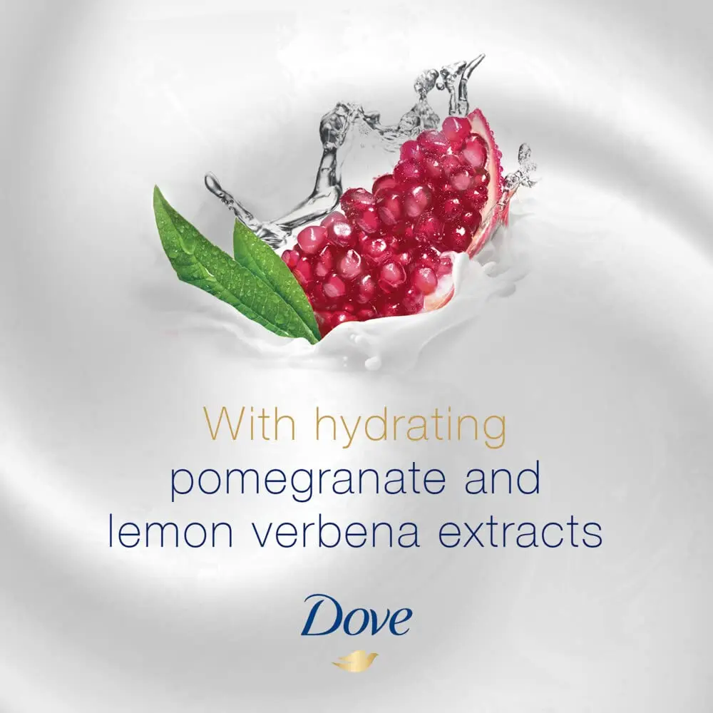 Two bottles of Dove Go Fresh Pomegranate and Hibiscus Tea body wash with moisturising cream, enriched with skin natural nutrients for deep nourishment and gentle cleansing.