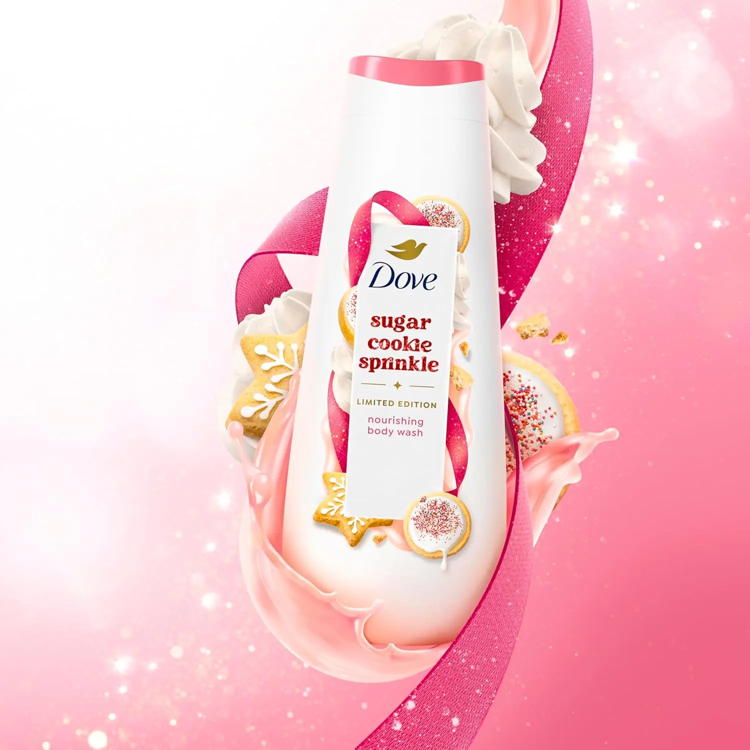 Three bottles of Dove Limited Edition Holiday Sugar Cookie body wash provide soft, hydrated skin with a delicious sugar cookie scent for a festive shower experience.