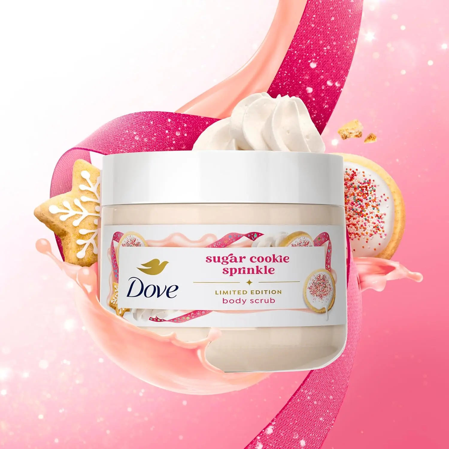Three bottles of Dove Limited Edition Holiday Sugar Cookie body wash provide soft, hydrated skin with a delicious sugar cookie scent for a festive shower experience.