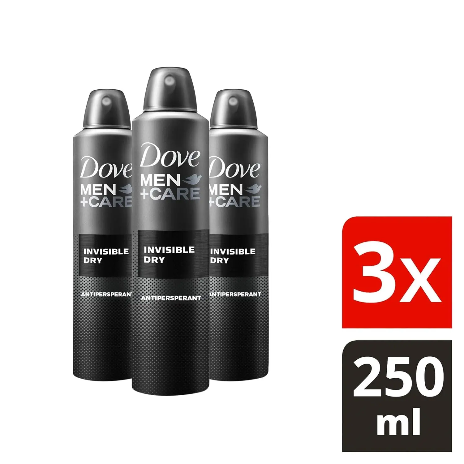 Three cans of Dove Men+Care Invisible Dry antiperspirant deodorant offer 48-hour protection against sweat and odor without leaving white marks on clothing, while its moisturizing formula soothes skin.