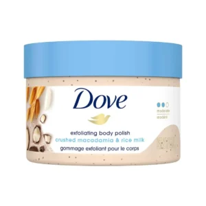 Dove Macadamia and Rice Milk body scrub gently exfoliates to reveal smoother, more radiant skin while restoring natural nutrients.