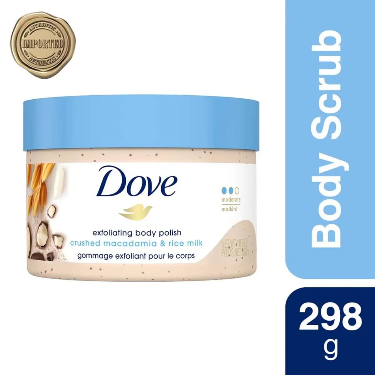 Dove Macadamia and Rice Milk body scrub gently exfoliates to reveal smoother, more radiant skin while restoring natural nutrients.