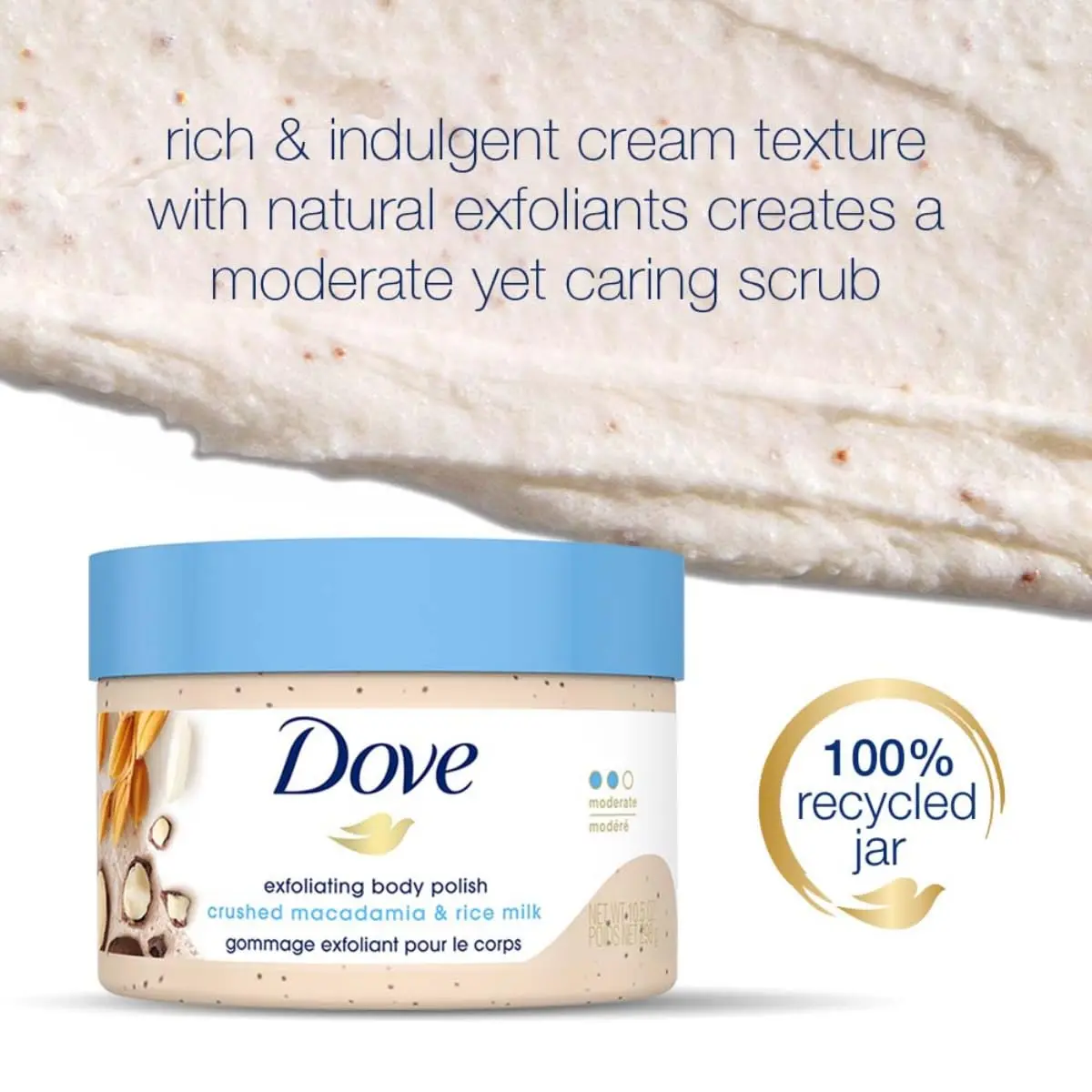 Dove Macadamia and Rice Milk body scrub gently exfoliates to reveal smoother, more radiant skin while restoring natural nutrients.