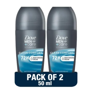 Two pack of Dove Men+Care Clean Comfort roll-on deodorant providing 72-hour sweat and odor protection with moisturizers for underarm comfort.
