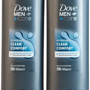 Two bottles of Dove Men+Care Clean Comfort 3in1 hydrating cleanser, enriched with Micromoisture Technology, for body, face, and hair, that washes away bacteria and fights dryness.