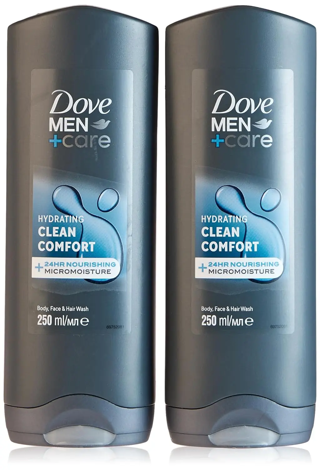 Two bottles of Dove Men+Care Clean Comfort 3in1 hydrating cleanser, enriched with Micromoisture Technology, for body, face, and hair, that washes away bacteria and fights dryness.