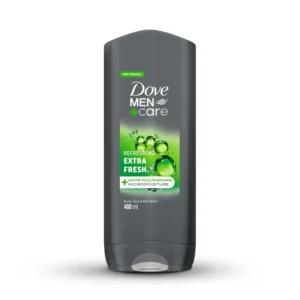 Dove Men+Care Extra Fresh 3in1 cleanser for body, face, and hair, providing 24-hour hydration and a refreshing clean.