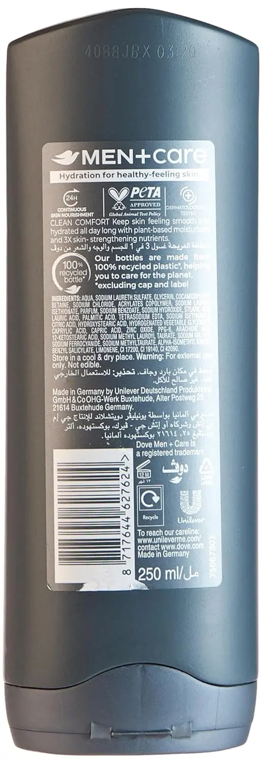 Two bottles of Dove Men+Care Clean Comfort 3in1 hydrating cleanser, enriched with Micromoisture Technology, for body, face, and hair, that washes away bacteria and fights dryness.