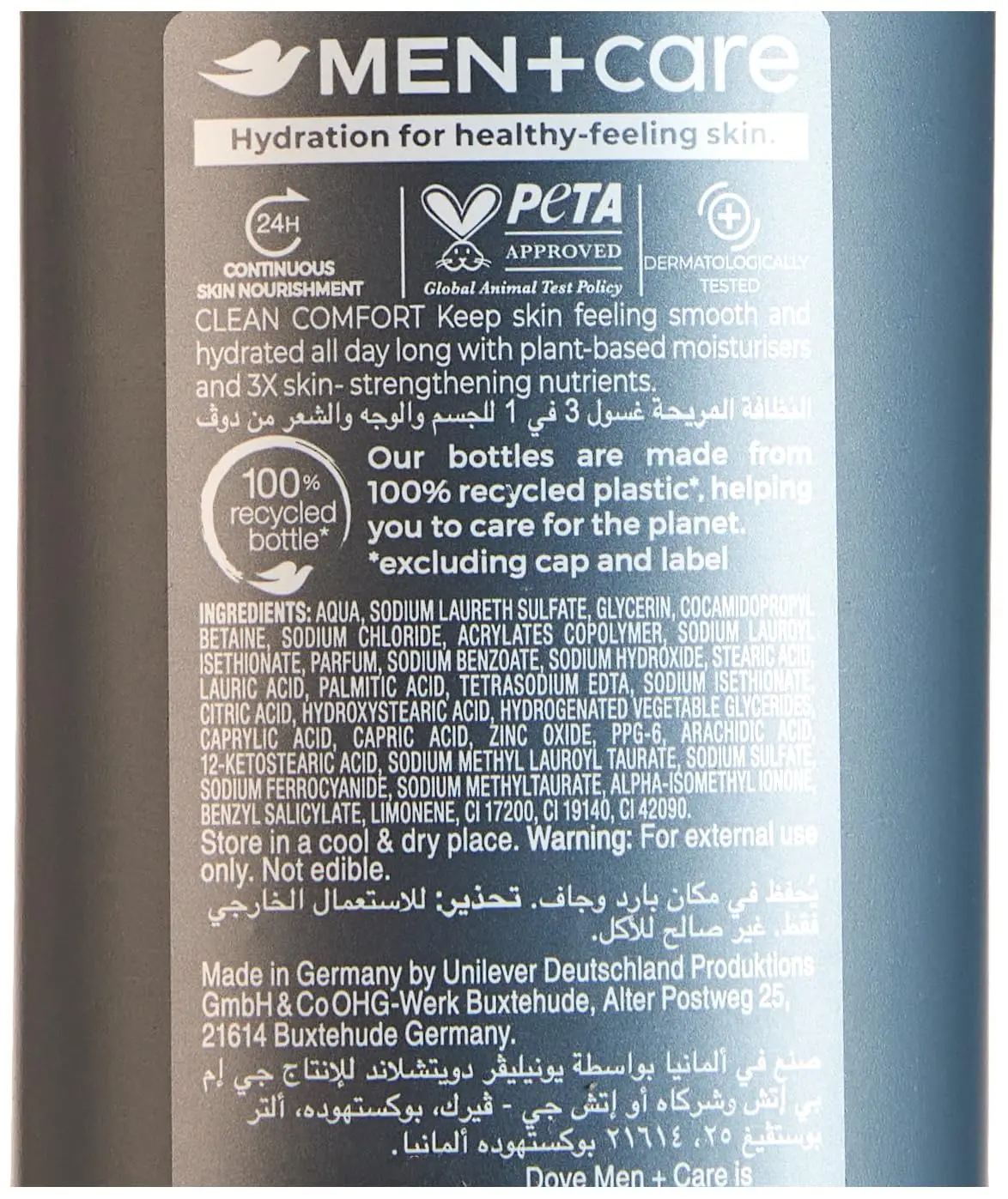 Two bottles of Dove Men+Care Clean Comfort 3in1 hydrating cleanser, enriched with Micromoisture Technology, for body, face, and hair, that washes away bacteria and fights dryness.