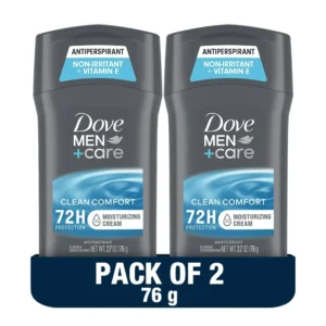 This Dove Men+Care Clean Comfort antiperspirant deodorant stick provides 72-hour sweat and odor protection with vitamin E and moisturizer for all-day freshness and comfortable underarms.
