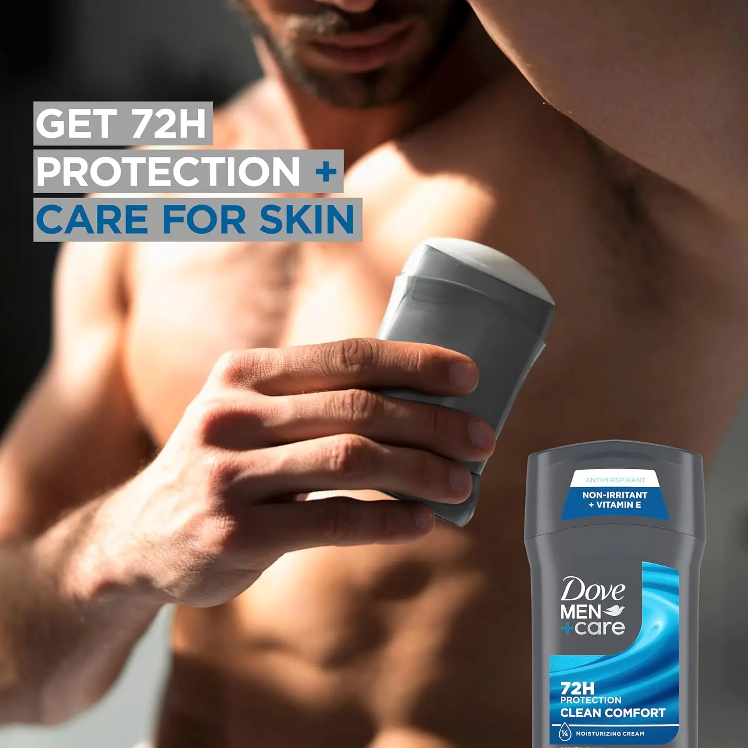 Dove Men+Care Clean Comfort deodorant stick provides 72-hour sweat and odor protection with Vitamin E and moisturizers for comfortable underarms.