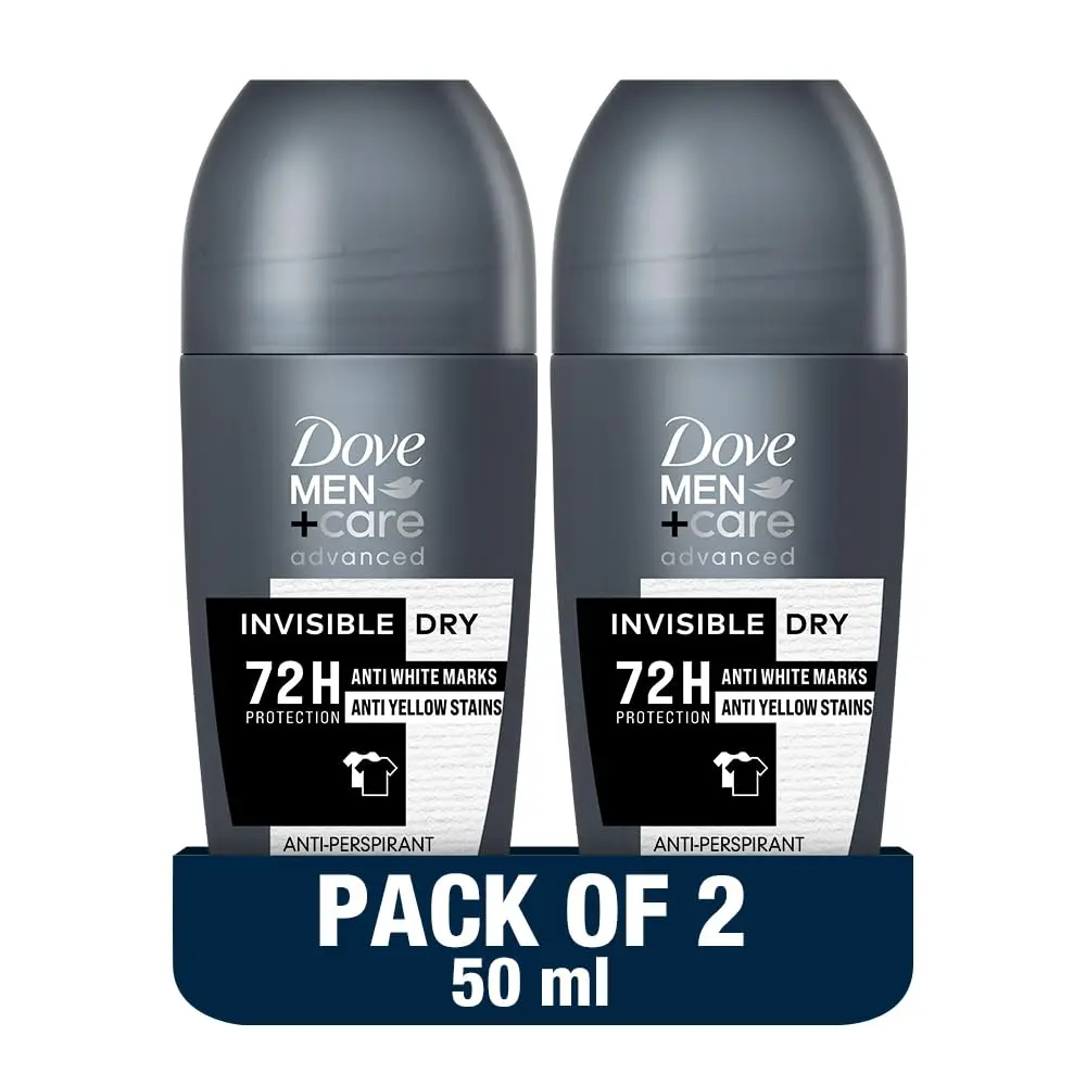 Dove Men+Care Invisible Dry roll-on deodorant provides 72-hour sweat and odor protection, prevents white marks and yellow stains, and moisturizes for comfortable underarms.