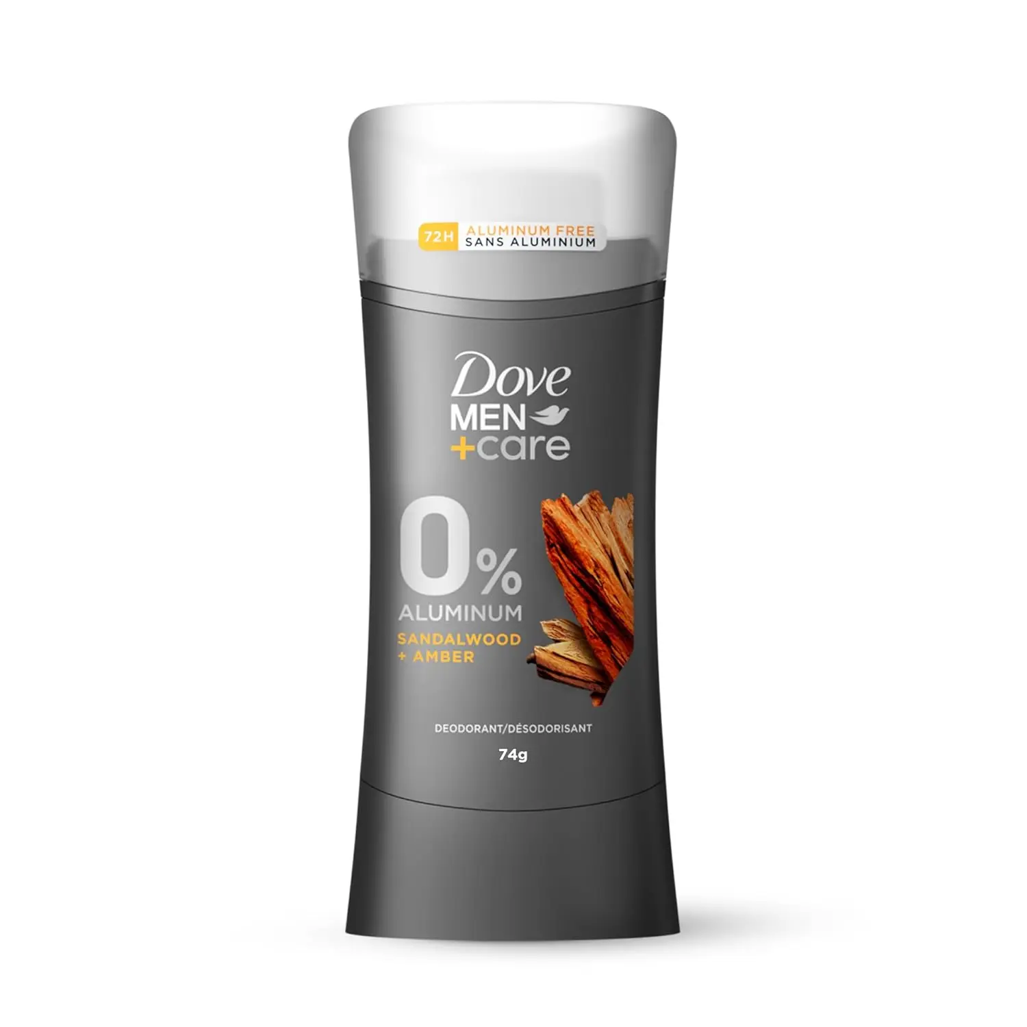 Dove Men+Care Sandalwood and Amber antiperspirant deodorant stick provides 72-hour sweat and odor protection, with 0% aluminum and a moisturizing formula for comfortable underarms.