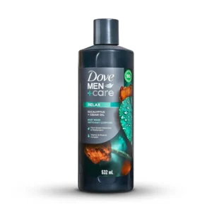 Dove Men+Care Relax Body Wash with eucalyptus and cedar oil cleanses and hydrates skin, leaving a relaxed and invigorating feeling.