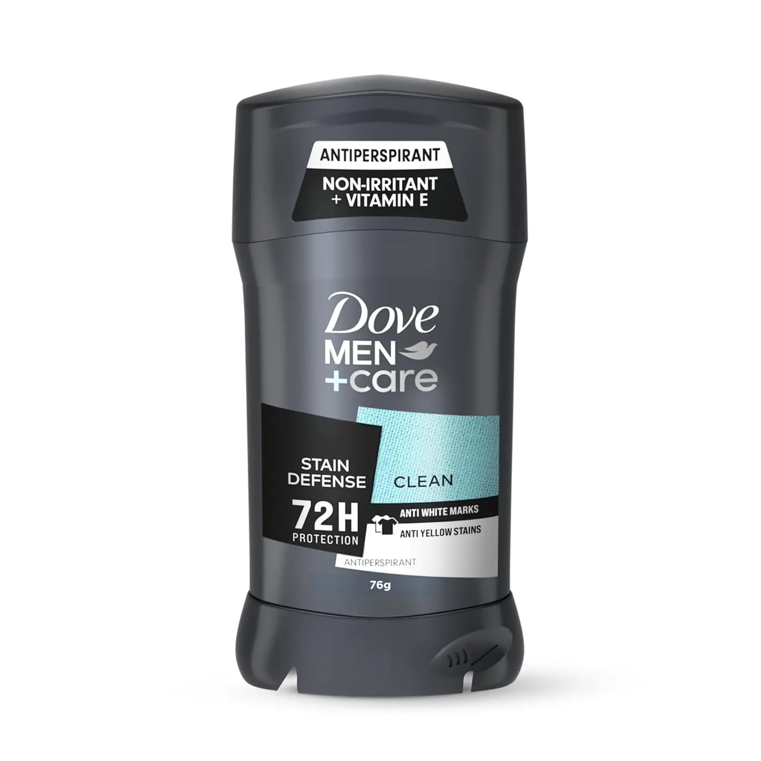 Dove Men+Care Stain Defense deodorant stick offers 72-hour sweat and odor protection with a fresh scent and no white marks or yellow stains, plus it contains vitamin E and moisturizers for comfortable underarm care.