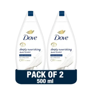 Two bottles of Dove Deeply Nourishing Body Wash, a sulfate and paraben-free shower gel with plant-based moisturizers, for soft and hydrated skin.