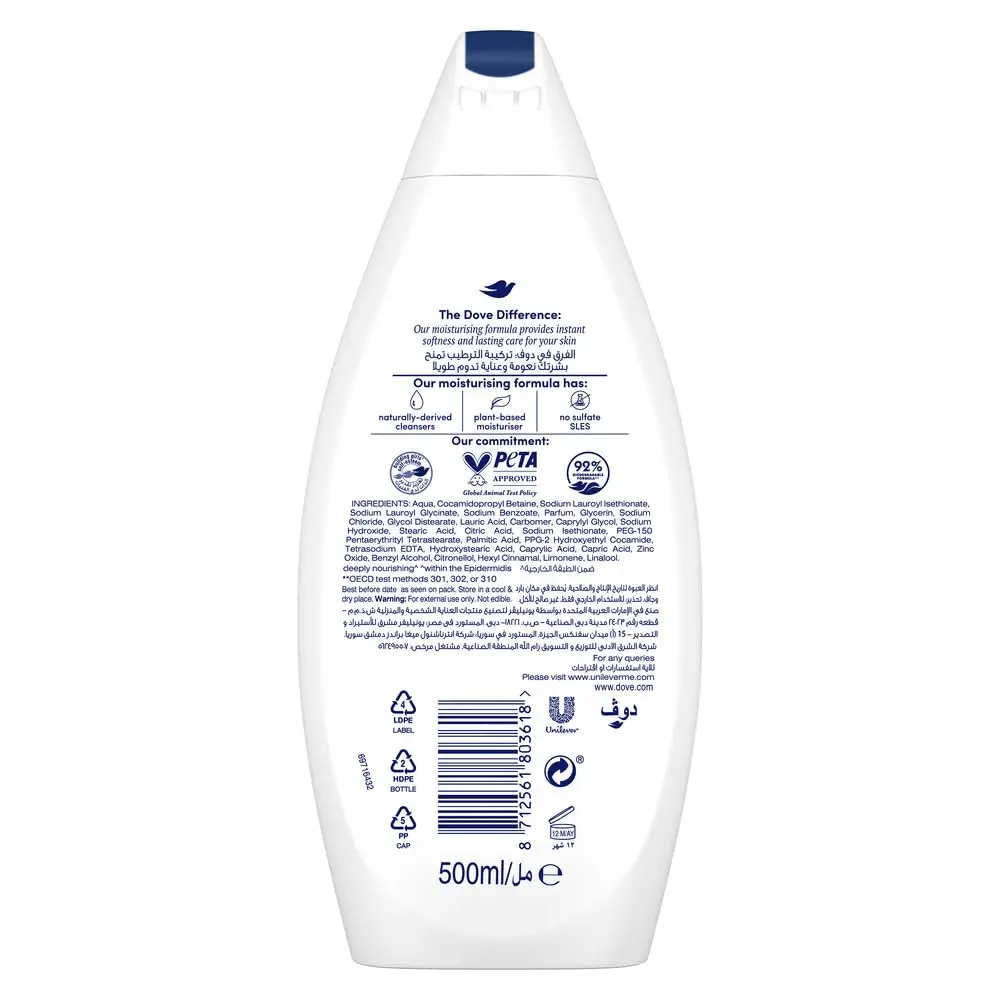 Two bottles of Dove Deeply Nourishing Body Wash, a sulfate and paraben-free shower gel with plant-based moisturizers, for soft and hydrated skin.