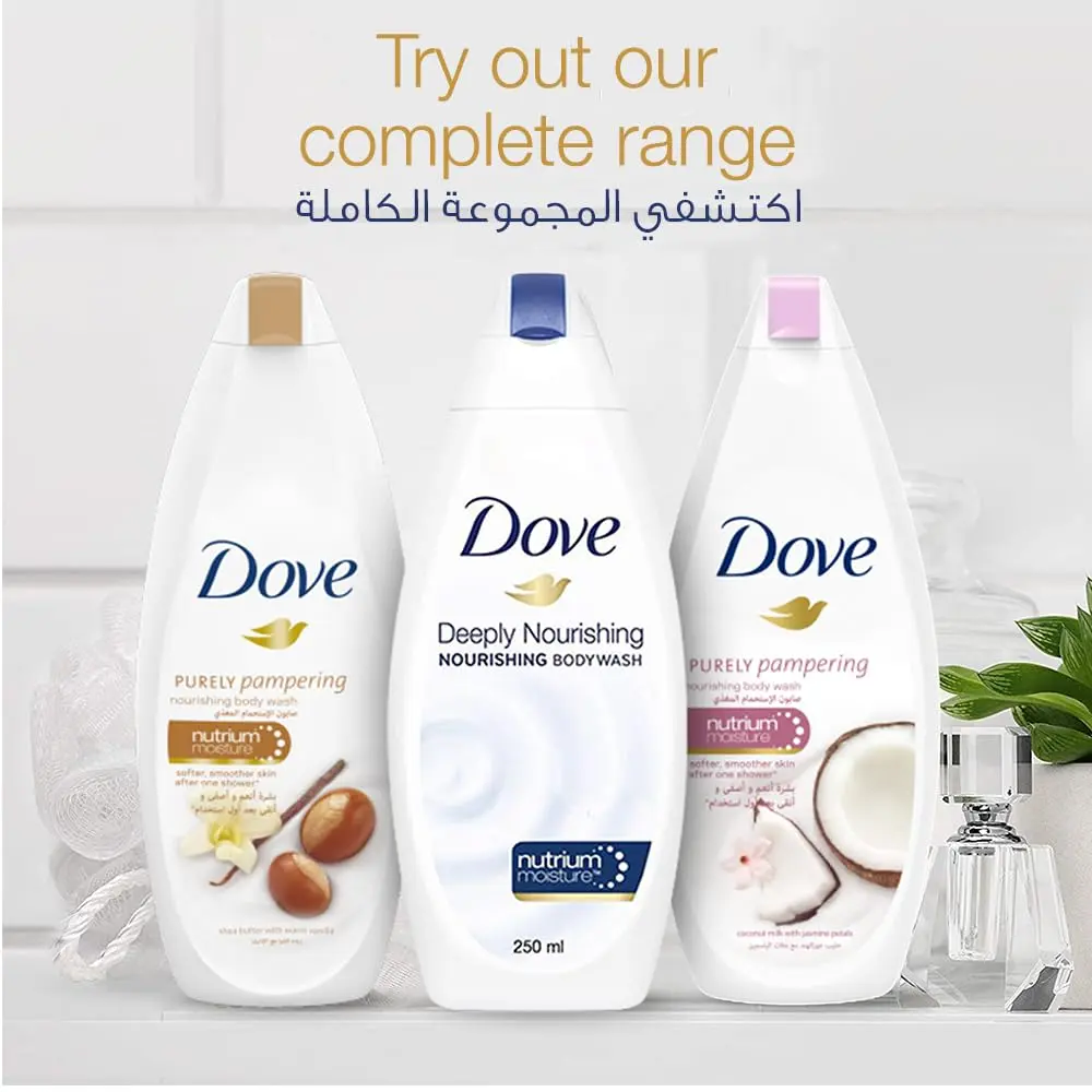 Two bottles of Dove Deeply Nourishing Body Wash, a sulfate and paraben-free shower gel with plant-based moisturizers, for soft and hydrated skin.