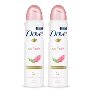 Two 150ml cans of Dove Pomegranate Antiperspirant Deodorant, offering up to 48-hour protection and containing 1/4 moisturizing cream for reduced skin irritation.