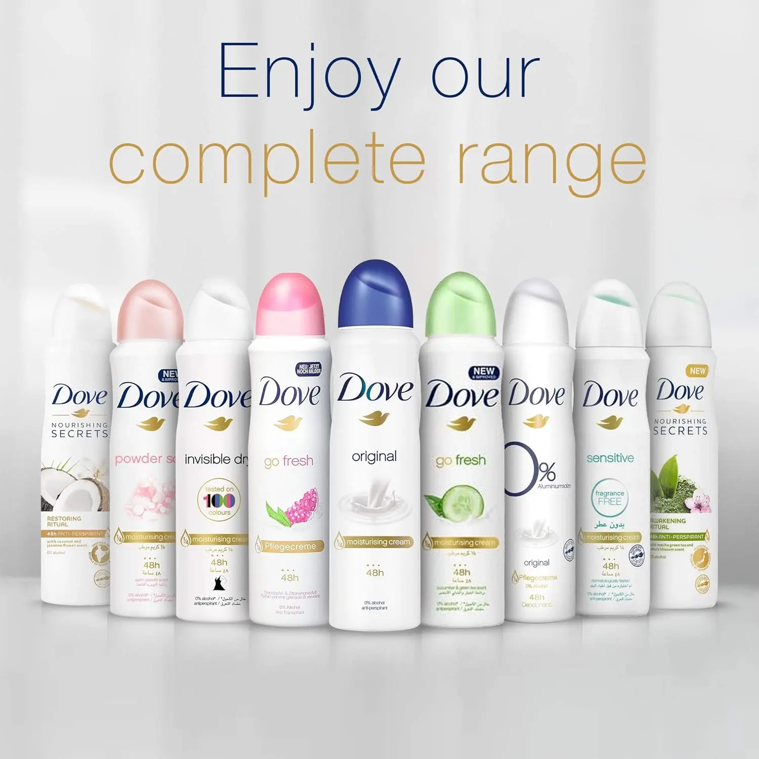 Two 150ml cans of Dove Pomegranate Antiperspirant Deodorant, offering up to 48-hour protection and containing 1/4 moisturizing cream for reduced skin irritation.