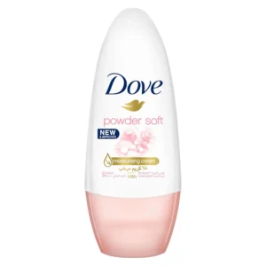 Close-up of Dove Powder Soft roll-on deodorant, providing 48-hour protection with a gentle, alcohol-free formula and moisturizing cream for soft, smooth underarms.