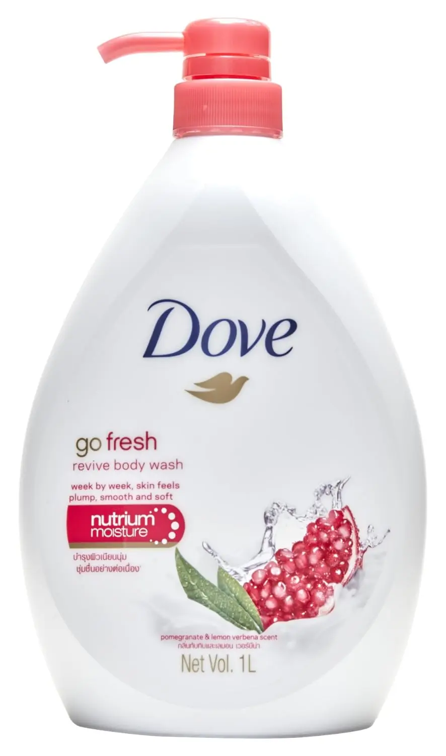 A 33.8 ounce bottle of Dove Go Fresh Revive Body Wash with pomegranate and lemon verbena scent for light hydration and nourishing the skin.