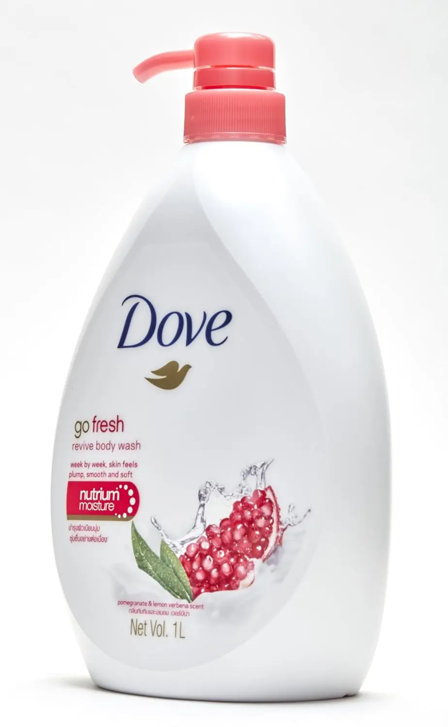A 33.8 ounce bottle of Dove Go Fresh Revive Body Wash with pomegranate and lemon verbena scent for light hydration and nourishing the skin.