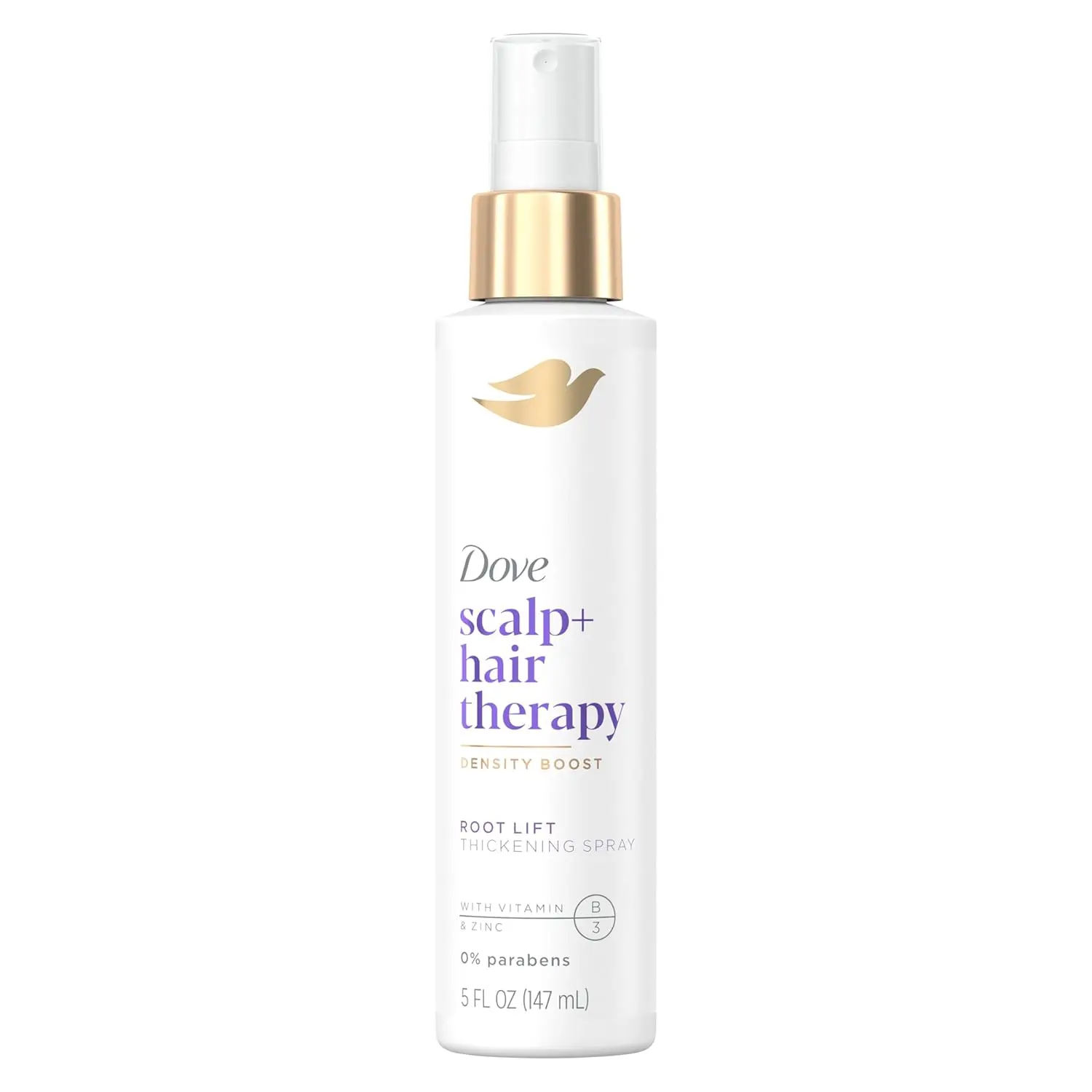 Dove Root Lift Thickening Spray, formulated with Vitamin B3 and Zinc, promotes thicker and fuller hair growth from the scalp, is PETA-approved, cruelty-free and vegan, and developed with dermatologists.