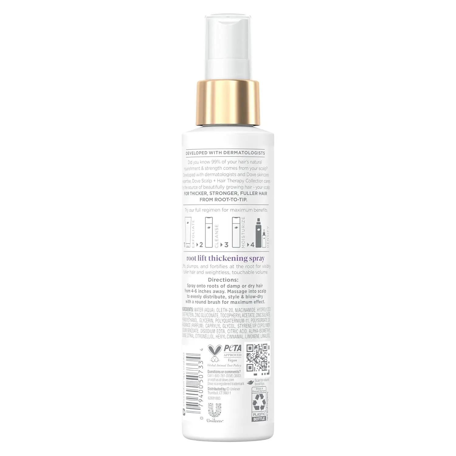 Dove Root Lift Thickening Spray, formulated with Vitamin B3 and Zinc, promotes thicker and fuller hair growth from the scalp, is PETA-approved, cruelty-free and vegan, and developed with dermatologists.