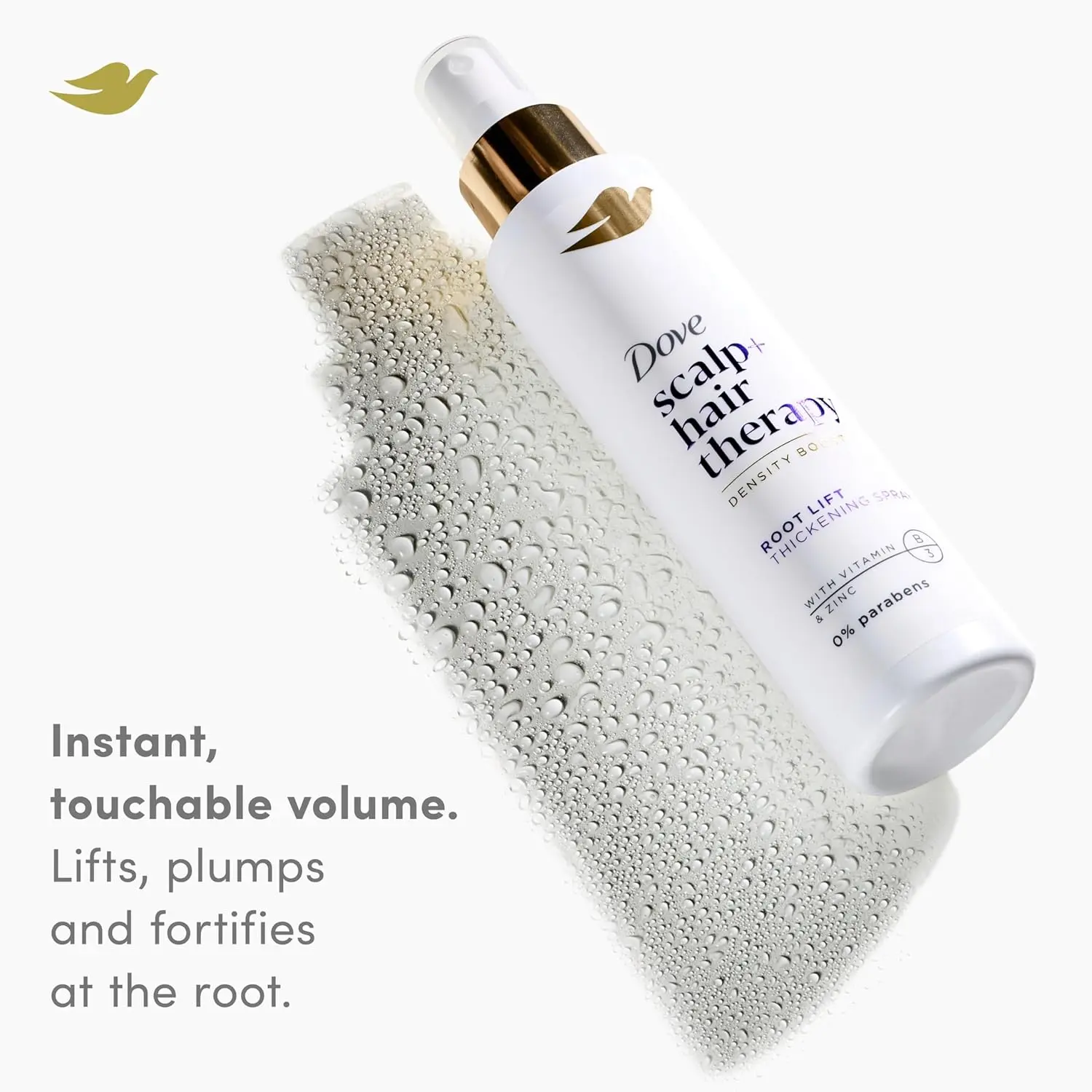 Dove Root Lift Thickening Spray, formulated with Vitamin B3 and Zinc, promotes thicker and fuller hair growth from the scalp, is PETA-approved, cruelty-free and vegan, and developed with dermatologists.