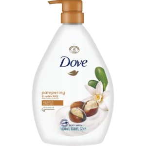 Bottle of Dove Pampering Body Wash with shea butter and warm vanilla scent for soft, moisturized, and healthy-looking skin.