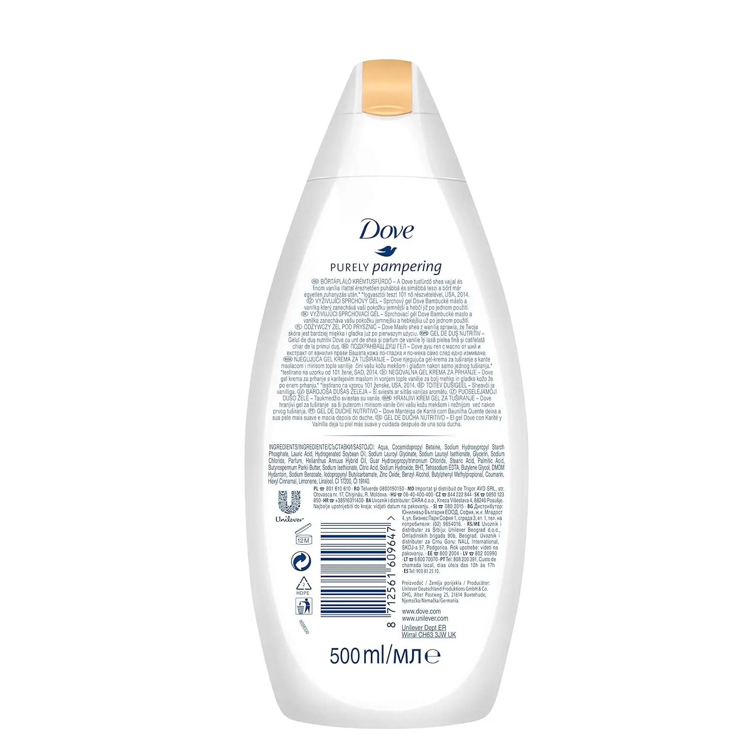 This is a pack of four 16.9 ounce bottles of Dove Purely Pampering body wash with shea butter and warm vanilla scent, a dermatologist-recommended moisturizing body wash.