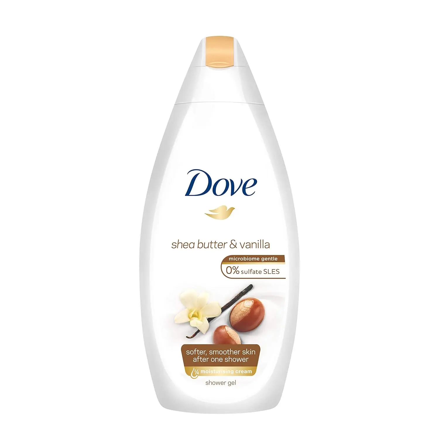 This is a pack of four 16.9 ounce bottles of Dove Purely Pampering body wash with shea butter and warm vanilla scent, a dermatologist-recommended moisturizing body wash.