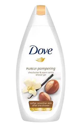 This is a pack of four 16.9 ounce bottles of Dove Purely Pampering body wash with shea butter and warm vanilla scent, a dermatologist-recommended moisturizing body wash.